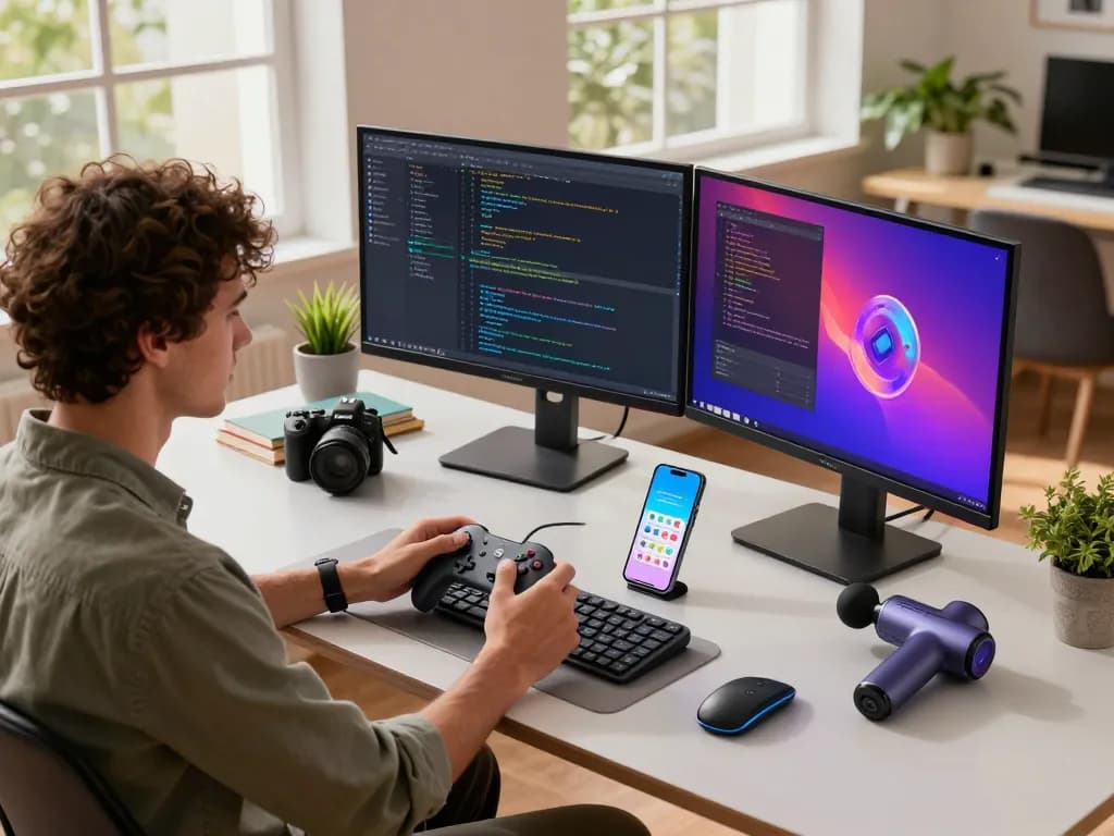 Individual configuring unique tech gadgets in a modern workspace with Bluetooth devices and programming monitors.