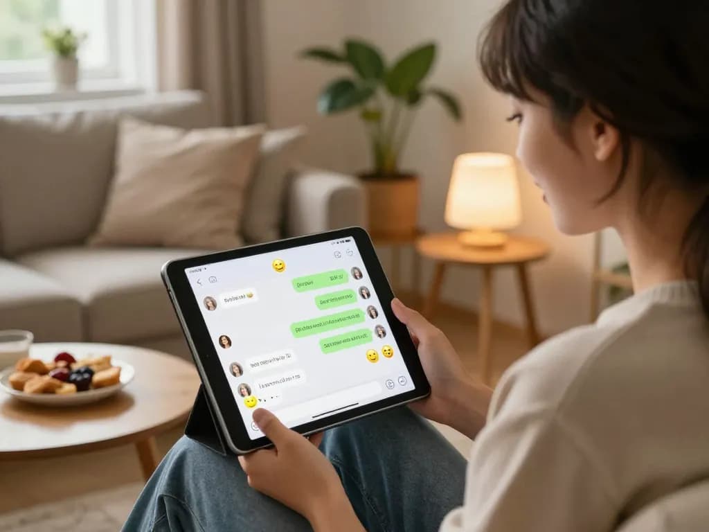 Interactive AI gf chatting on a tablet in cozy living room, showcasing modern companionship and technology.