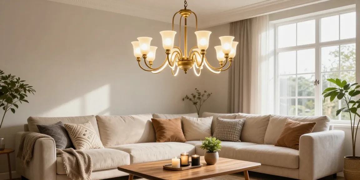 Candelabru living elegant în living modern, evidențiind detalii rafinate și atmosferă caldă.