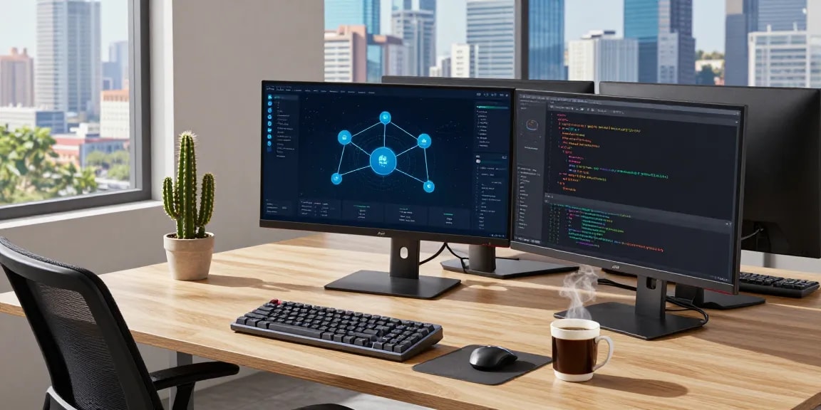 快连 network optimization interface displayed on a modern developer's desk, highlighting advanced technology in a vibrant workspace.