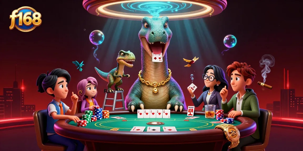 Experience thrilling gameplay at f168 with a towering brontosaurus and raptor at an exciting poker table.