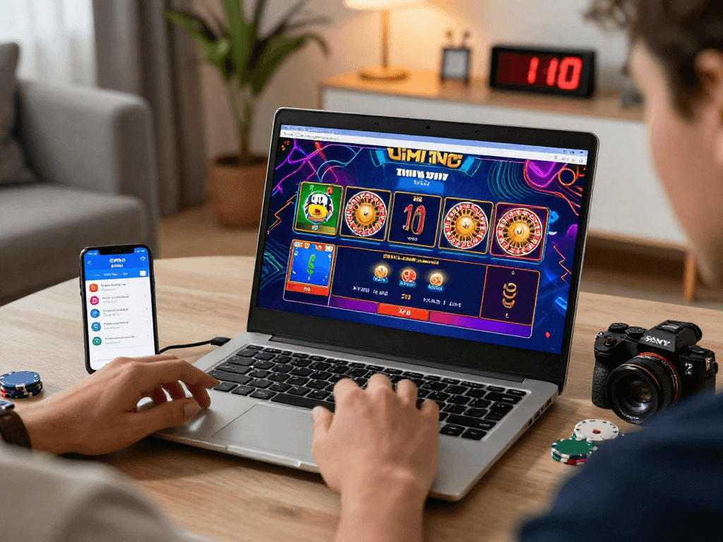 Engaging scene of online gambling at nhà cái debet with a player enjoying various games on a laptop