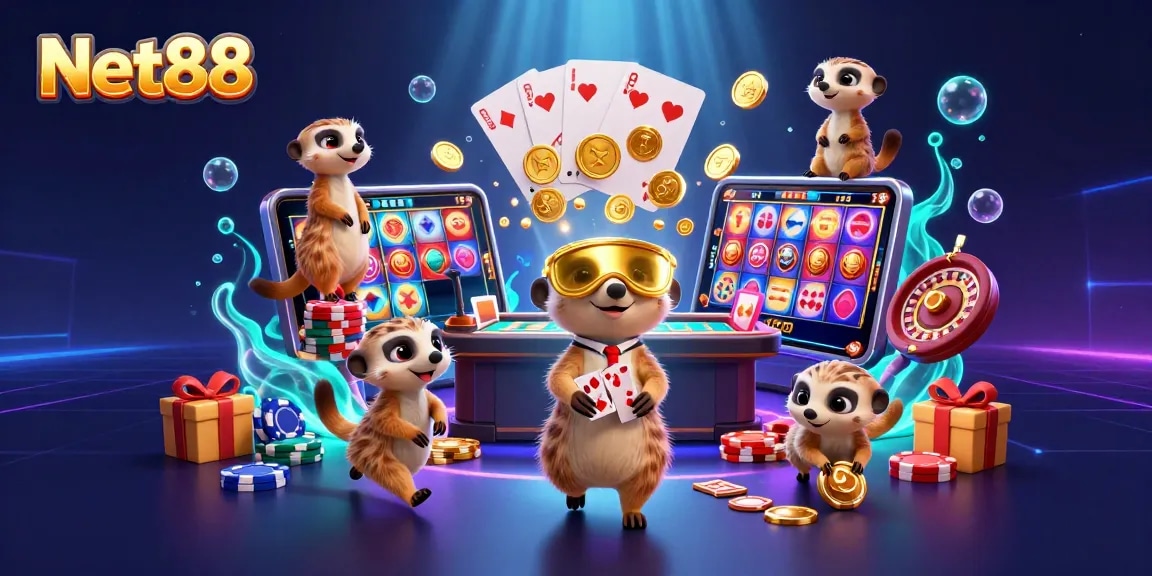 Experience the vibrant world of Net88 through a colorful 3D meerkat casino scene with gaming action.