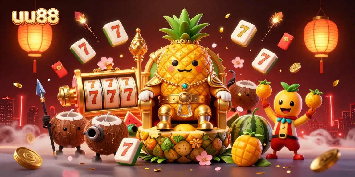 Engage with the vibrant world of uu88, featuring a golden pineapple king and his jester amidst dynamic casino elements for an exciting experience.