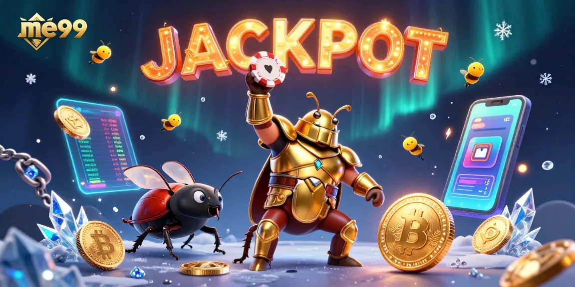 Celebrate big wins at me99 casino with a heroic beetle and dazzling jackpot atmosphere.