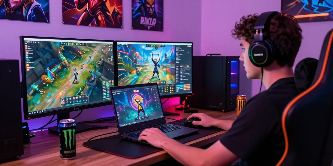 Player enjoying a thrilling game of rikvip on a gaming laptop in a vibrant and colorful setup.