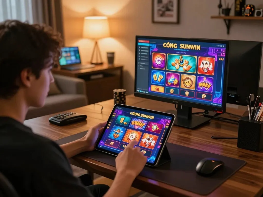 CỔNG GAME SUNWIN user engaging with online casino games on a tablet in a stylish home office.