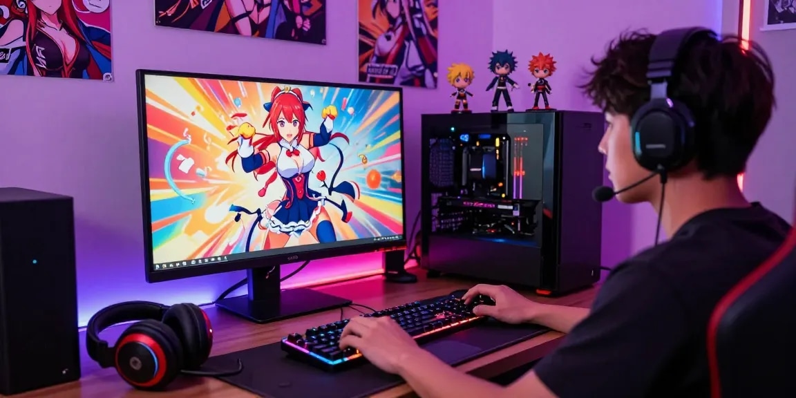 Gamer playing a colorful hentai game in a stylish gaming lounge.