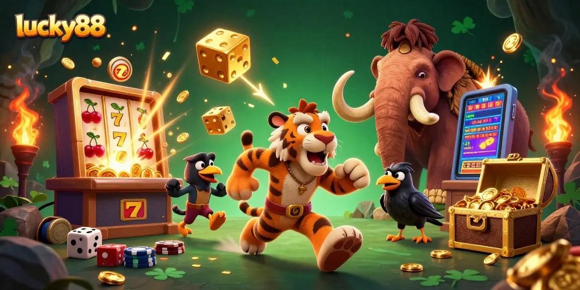 Lucky88 showcases a thrilling casino scene with dynamic game elements exploding around cartoon characters.