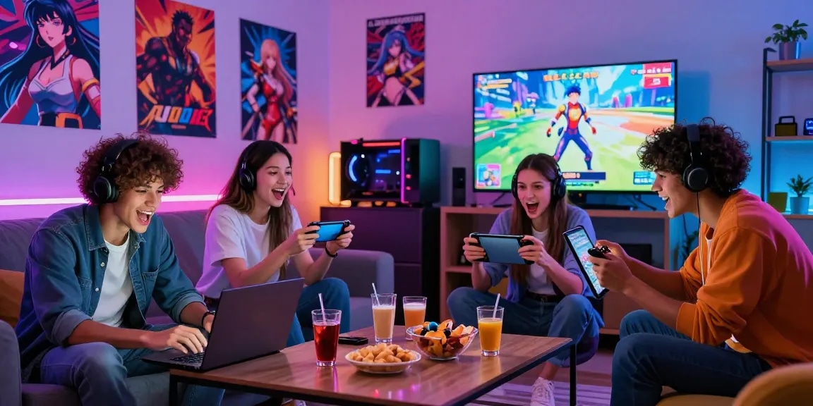 Friends enjoying exciting hentai games in a vibrant gaming room setting.