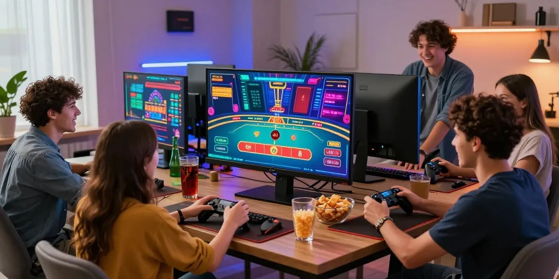 Exciting gaming night with friends enjoying 68gamebai casino games in a modern setting.
