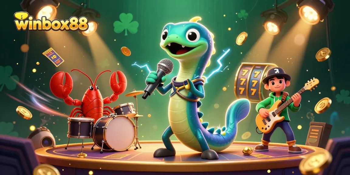 Winbox88 showcases a vibrant underwater casino scene with exciting electric eel DJ, dynamic slots, and golden treasures.