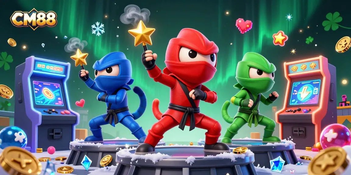 Experience thrilling gambling with CM88's 3D chameleon ninjas in a vibrant casino scene.
