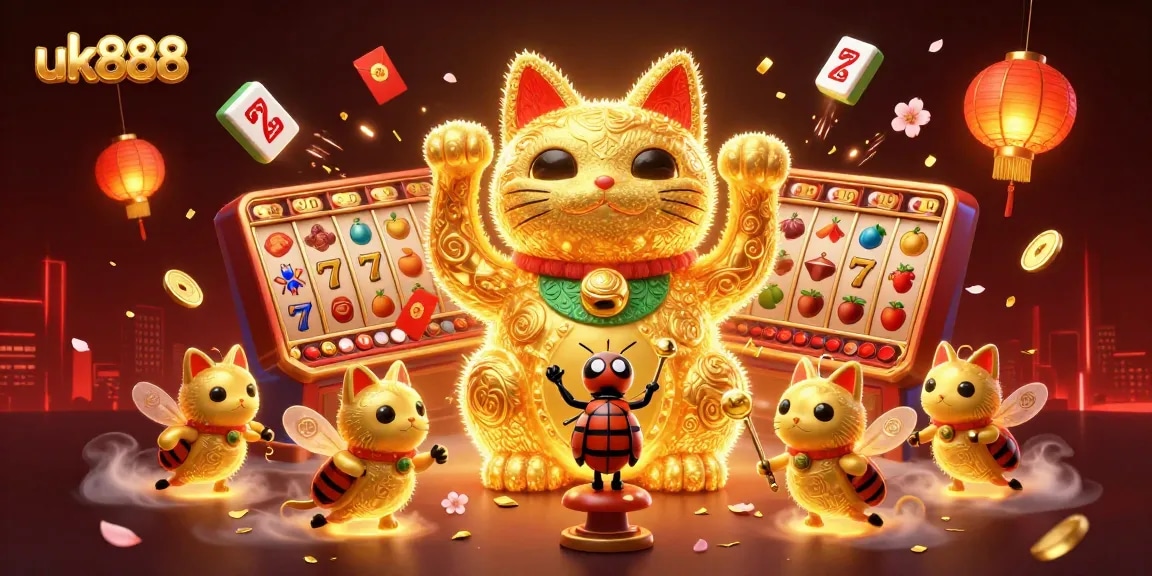 Play vibrant casino games with uk888's dynamic lucky cat illustration in a colorful setting.