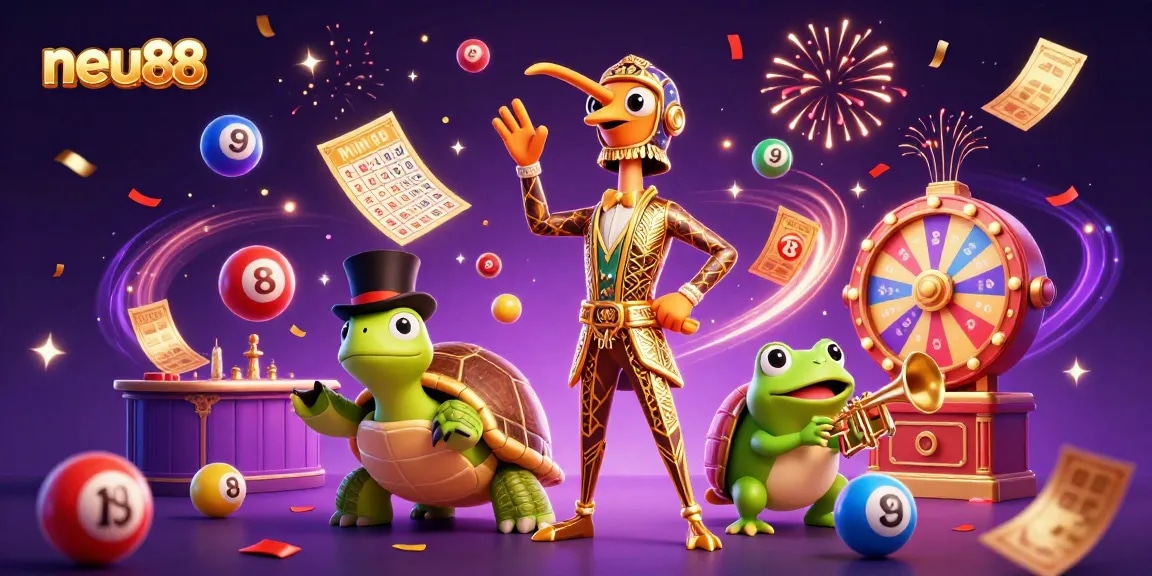 Experience thrilling wins at neu88 with colorful lottery balls and vibrant casino elements in dynamic 3D illustration.
