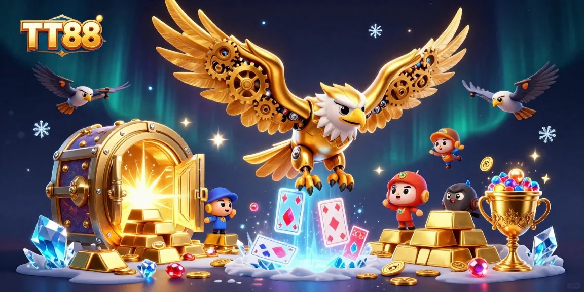 Experience thrilling gameplay with TT88 through holographic cards and a golden eagle diving.