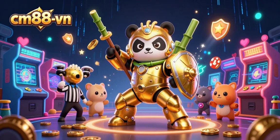 Experience exciting gameplay at cm88-vn with a vibrant 3D illustration of a golden panda in action.