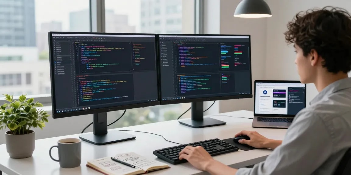快连 software development workspace with a developer coding, dual monitors showing vibrant analytics and application design.