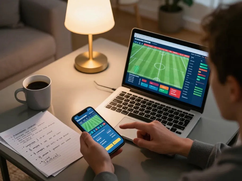 Person engaged in sports betting while analyzing ty le keo nha cai on a laptop and smartphone.