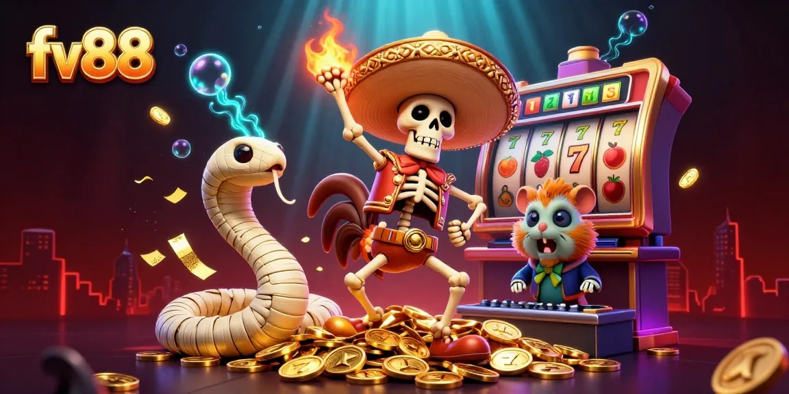 fv88's vibrant casino scene with a mariachi rooster on golden coins, showcasing jackpots and lively action.