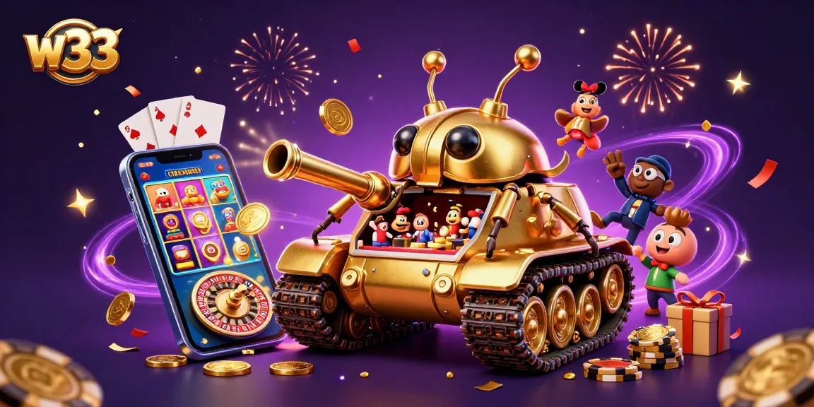 Experience gaming thrills at w33 with a vibrant, dynamic casino universe illustration.