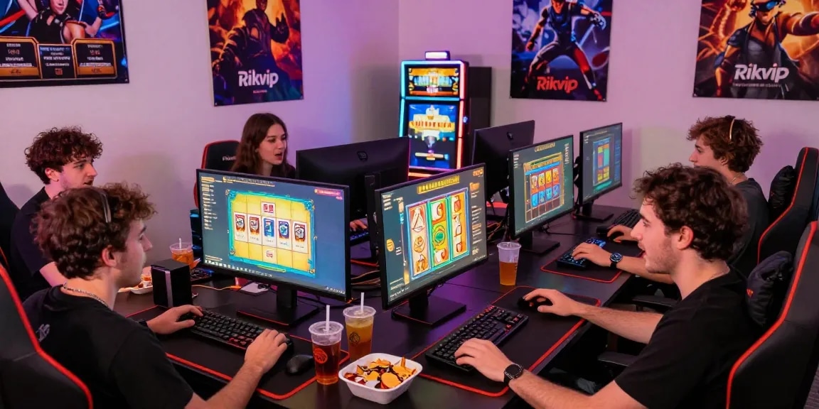 Friends enjoying an online gaming session on Rikvip with colorful graphics and snacks.