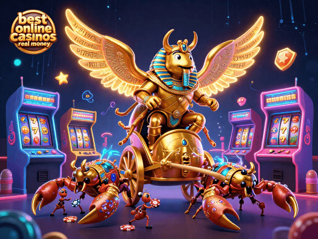 Engage with the best online casinos real money through dynamic gaming chaos featuring a golden scarab and scorpions.