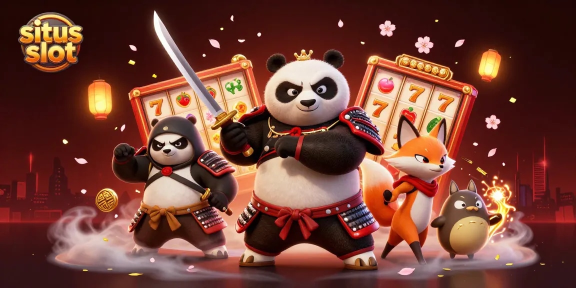 Engage in situs slot with vibrant 3D cartoon samurai panda and ninja fox amidst rich gaming elements.