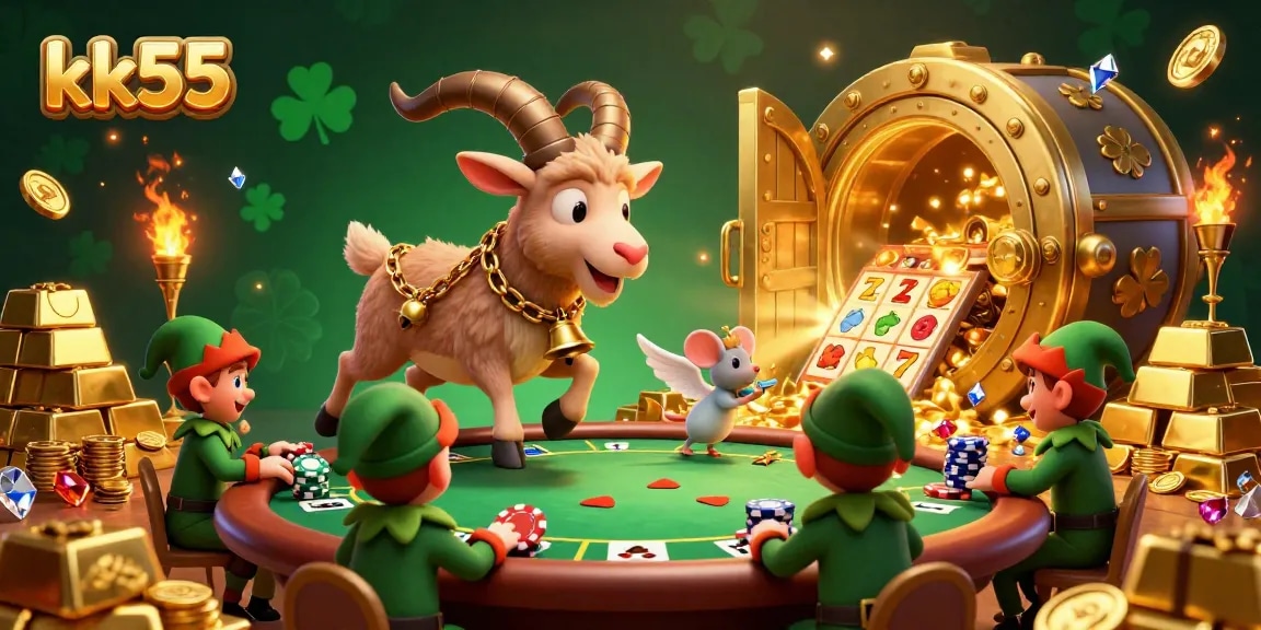 kk55 engages players in a vibrant poker scene with cartoon characters amidst joyful chaos, showcasing the thrill of online gaming.