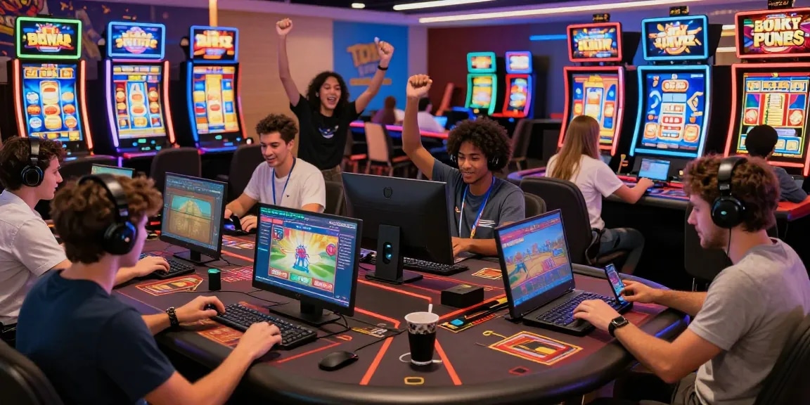 Engaged players enjoying diverse games at 68gamebai online casino, vibrant atmosphere, and celebratory mood.