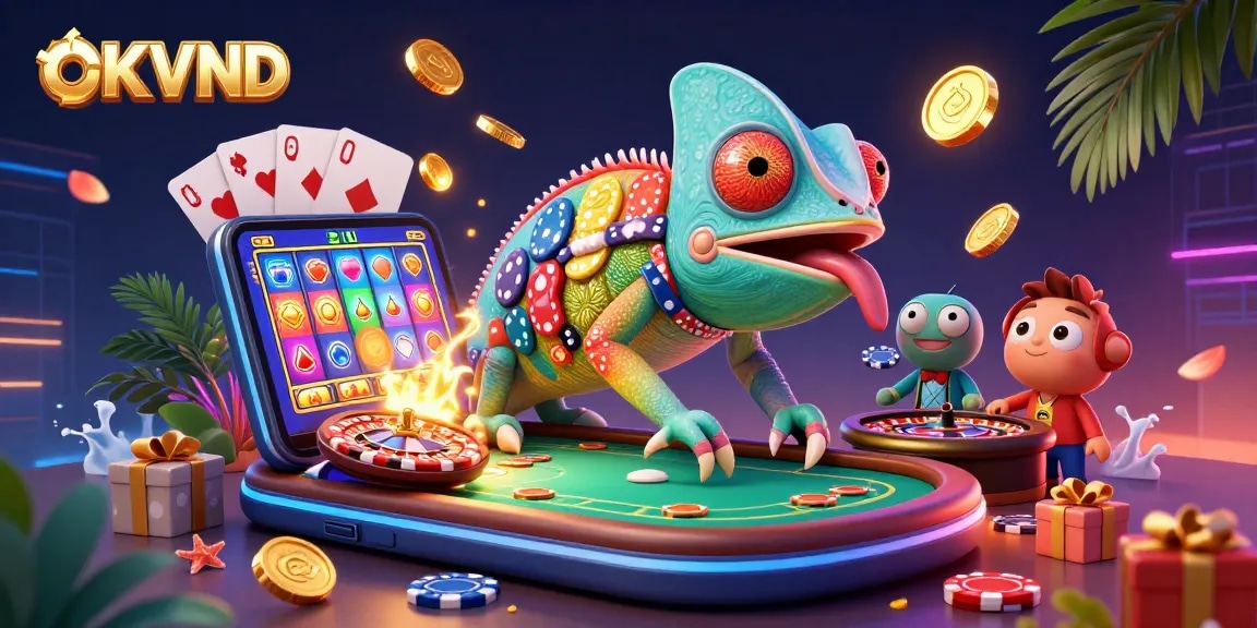 Engage with OKVND's lively casino scene featuring a colorful chameleon and dynamic game elements.