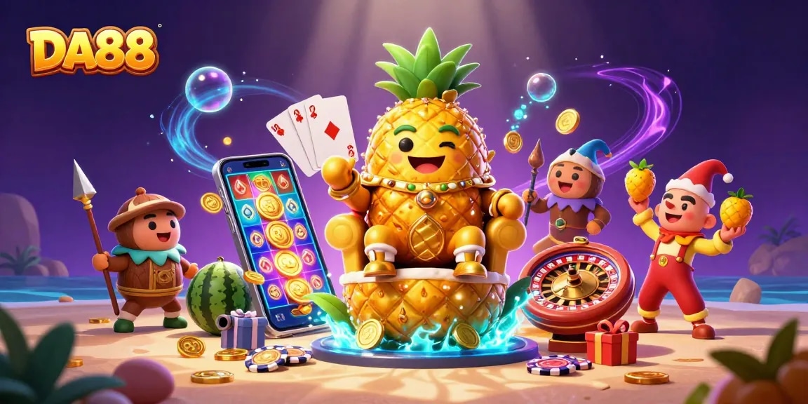 Engage in DA88's vibrant beach casino scene with a pineapple king, coconut guards, and slot games.