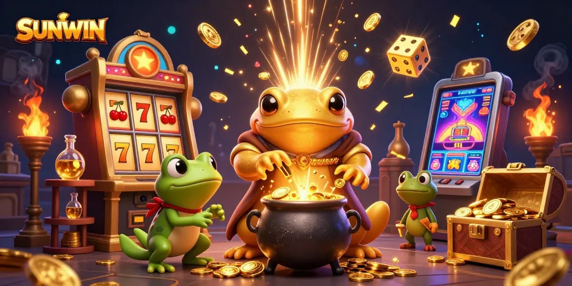 SUNWIN engages players with a dynamic casino scene featuring gold coins, slot machines, and fantasy characters.