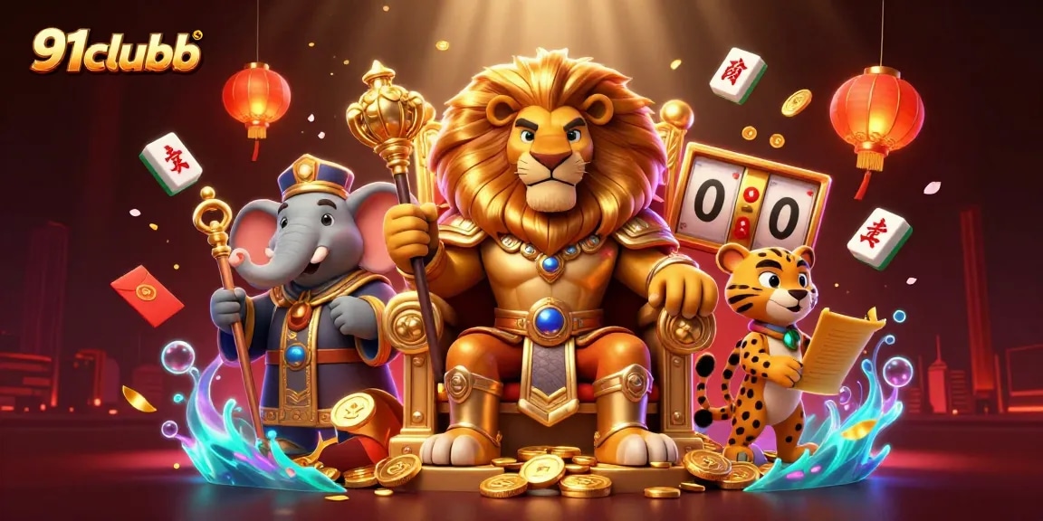 Engage with 91clubb's vibrant 3D casino scene, featuring majestic characters amidst gaming excitement.