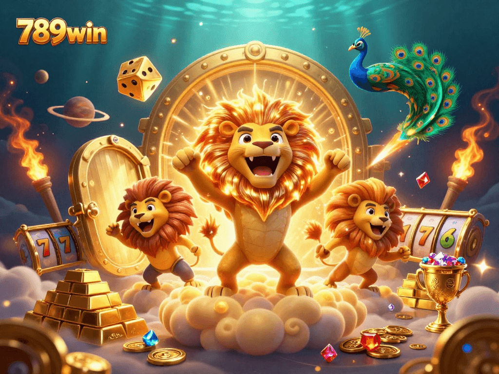 Engage in vibrant gaming adventures with 789win, featuring a joyful sun lion amidst golden treasures and animated slot elements.