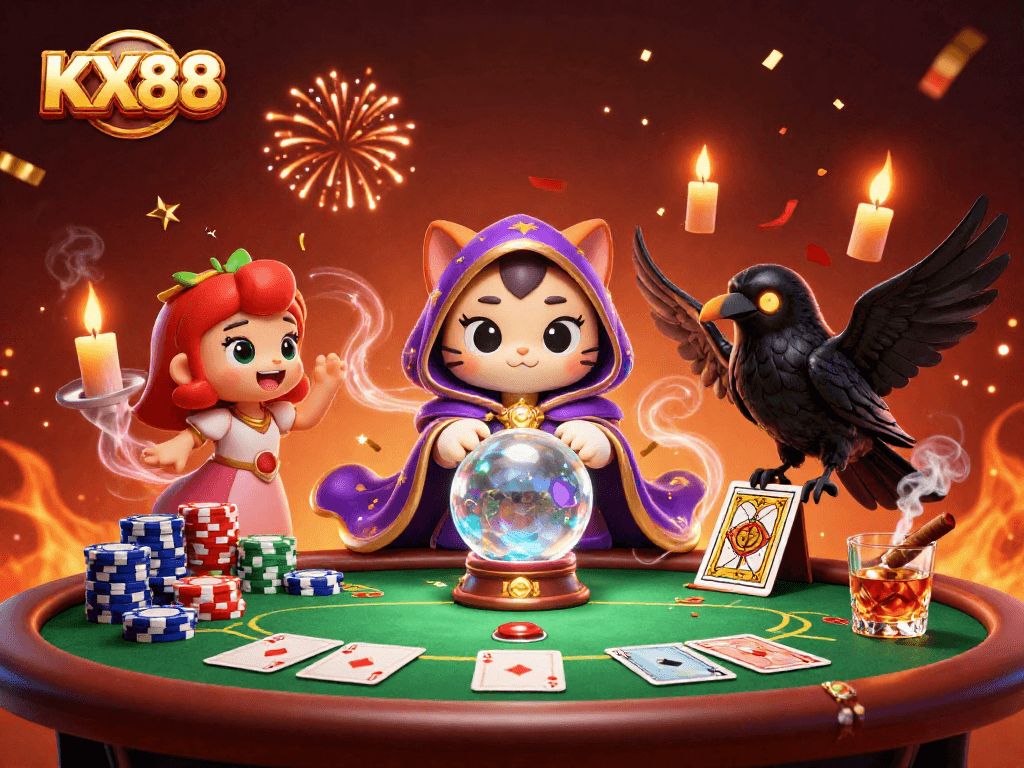 KX88 players engage with a vibrant poker scene featuring mystical characters and intense gaming elements.