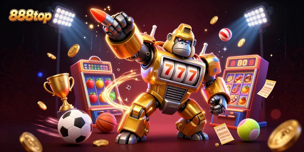 Experience big wins with 888top's vibrant 3D casino illustration featuring a golden mech and slot machines.