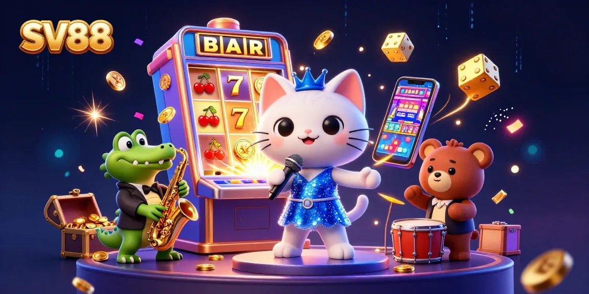 Join SV88's 3D cartoon characters in a vibrant casino with exploding jackpots and game elements.