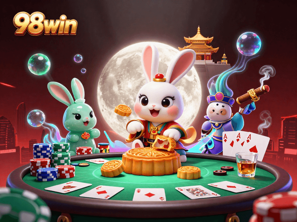 Engage with 98win's thrilling moon-themed casino adventure featuring poker chips and vibrant characters.