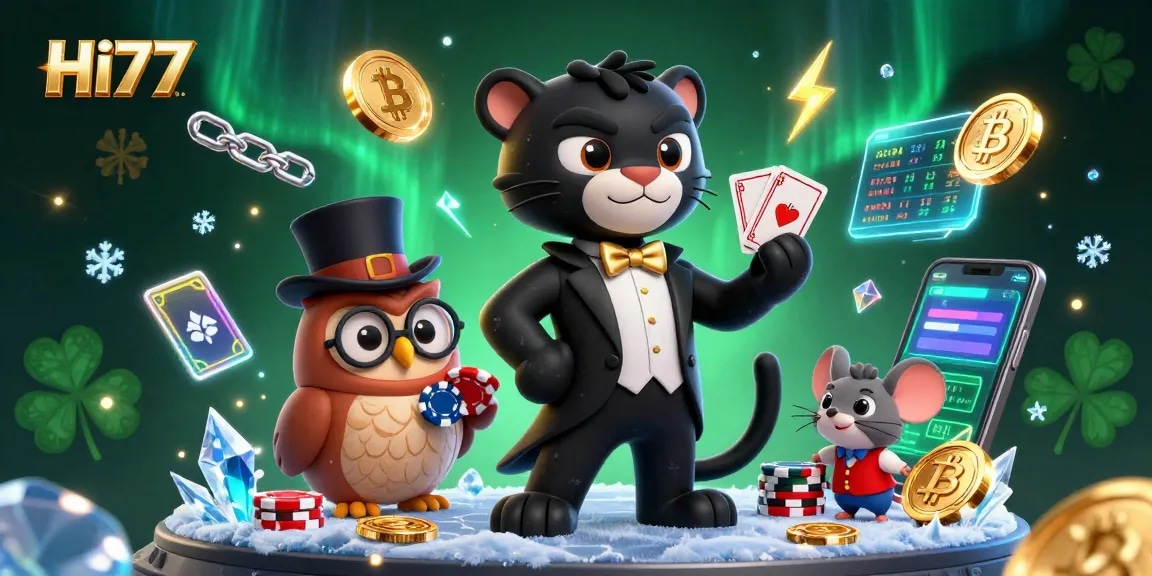 Engage in thrilling gambling action with HI77, showcasing stylish characters and vibrant casino elements.