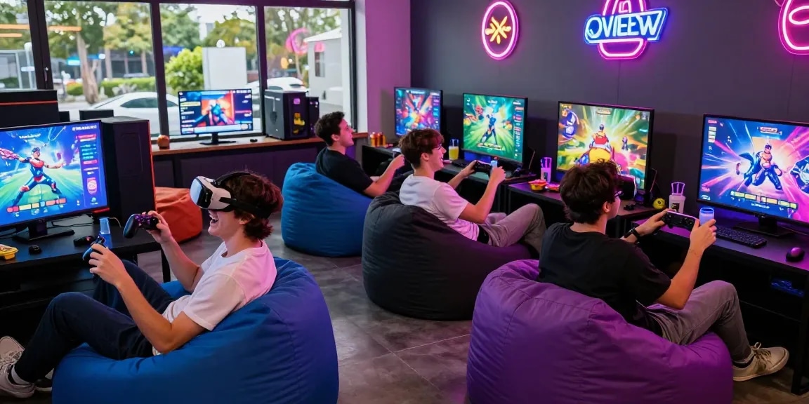 Engaging scene of friends enjoying free mobile porn games in a vibrant gaming lounge.