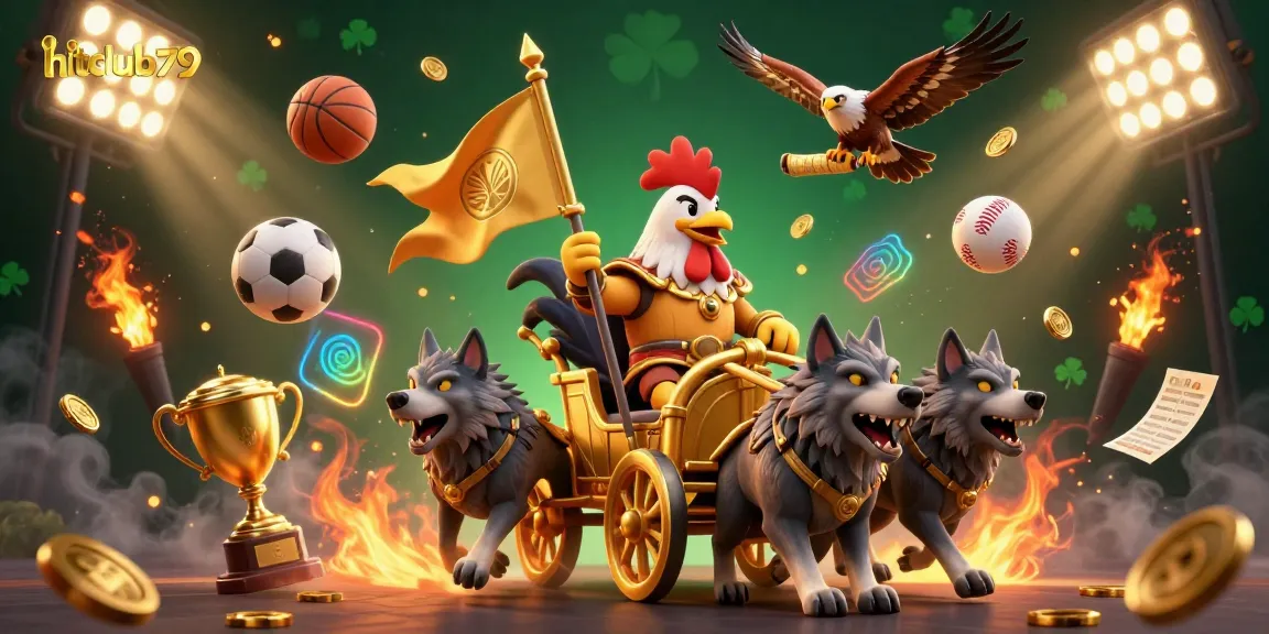 Experience exhilarating action with hitclub79 as a cartoon rooster warlord commands a golden chariot amidst flying sports elements and golden treasures.