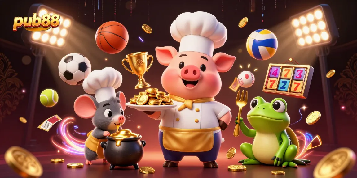Engage in the excitement of pub88 with a vibrant 3D casino illustration featuring a pig chef, golden coins, and sports elements.