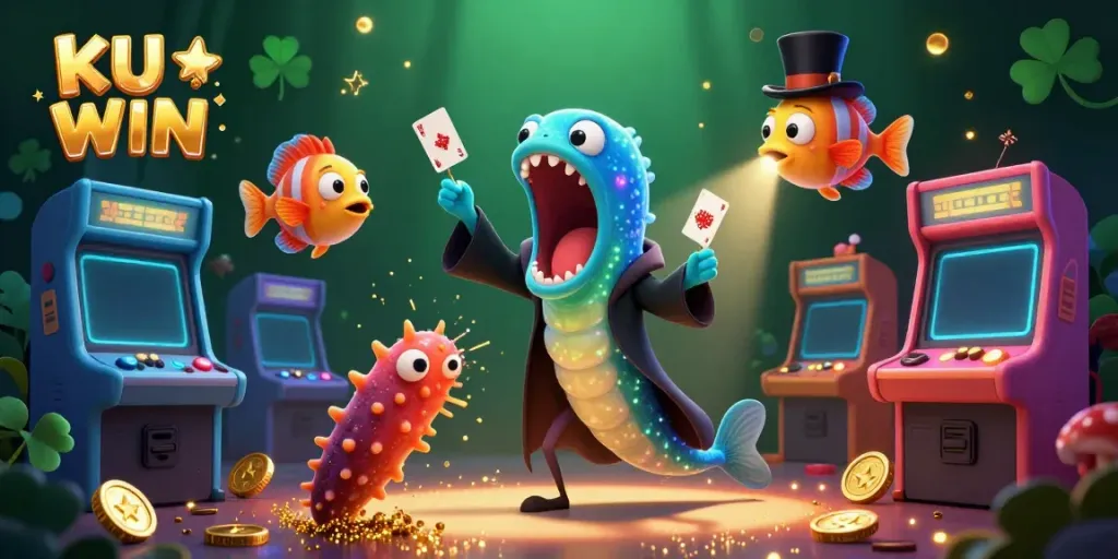 Experience the captivating magic with the KU WIN cast of sea creatures performing vibrant card tricks in a dynamic underwater casino scene.