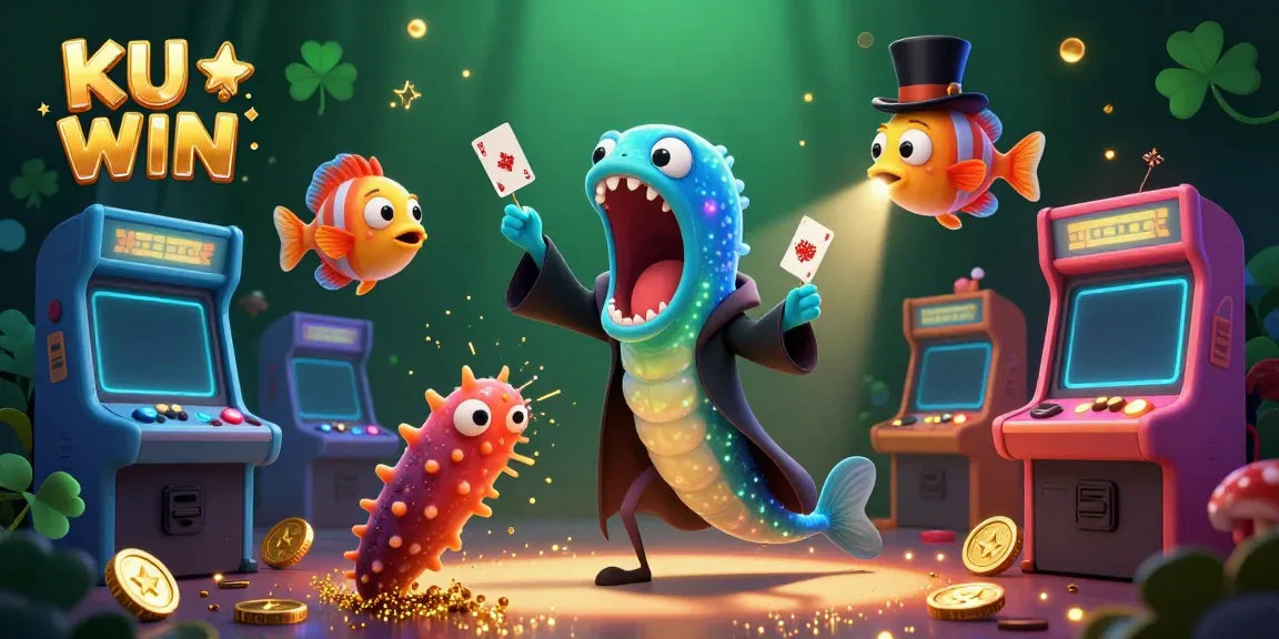 Experience the captivating magic with the KU WIN cast of sea creatures performing vibrant card tricks in a dynamic underwater casino scene.