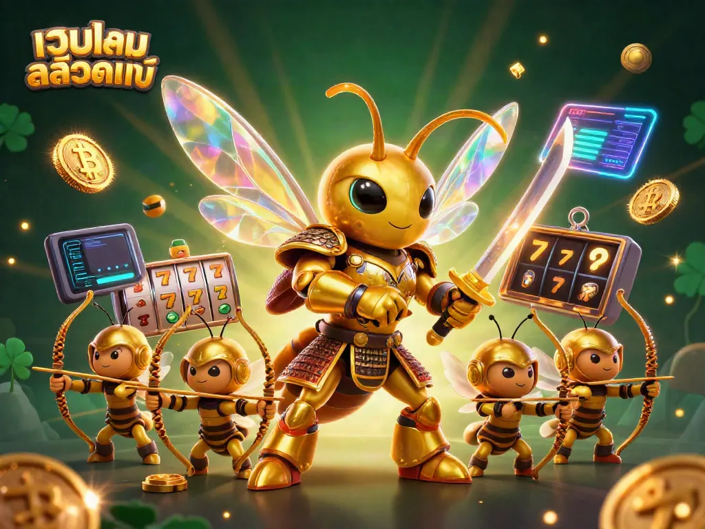 Engage with เว็บเกมสล็อตแท้ through a 3D cartoon scene featuring a samurai hornet and bee archers amidst vibrant casino elements.