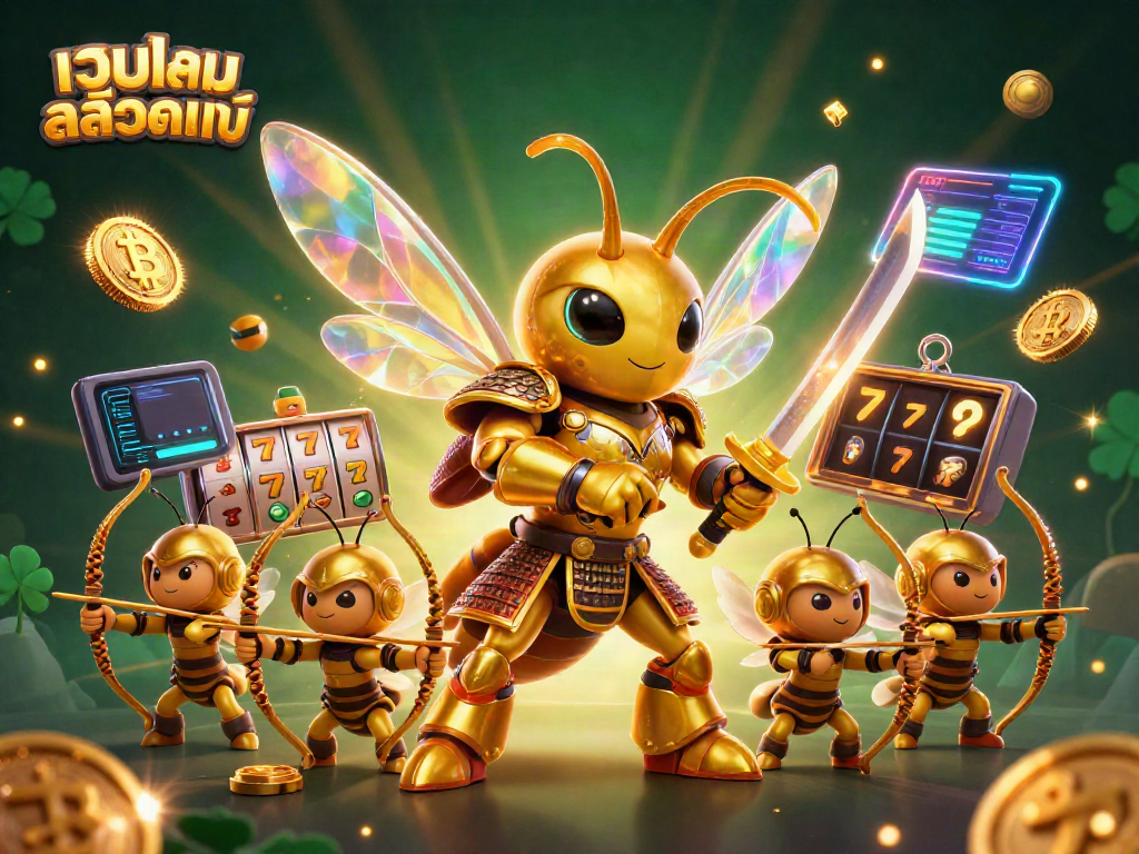 Engage with เว็บเกมสล็อตแท้ through a 3D cartoon scene featuring a samurai hornet and bee archers amidst vibrant casino elements.