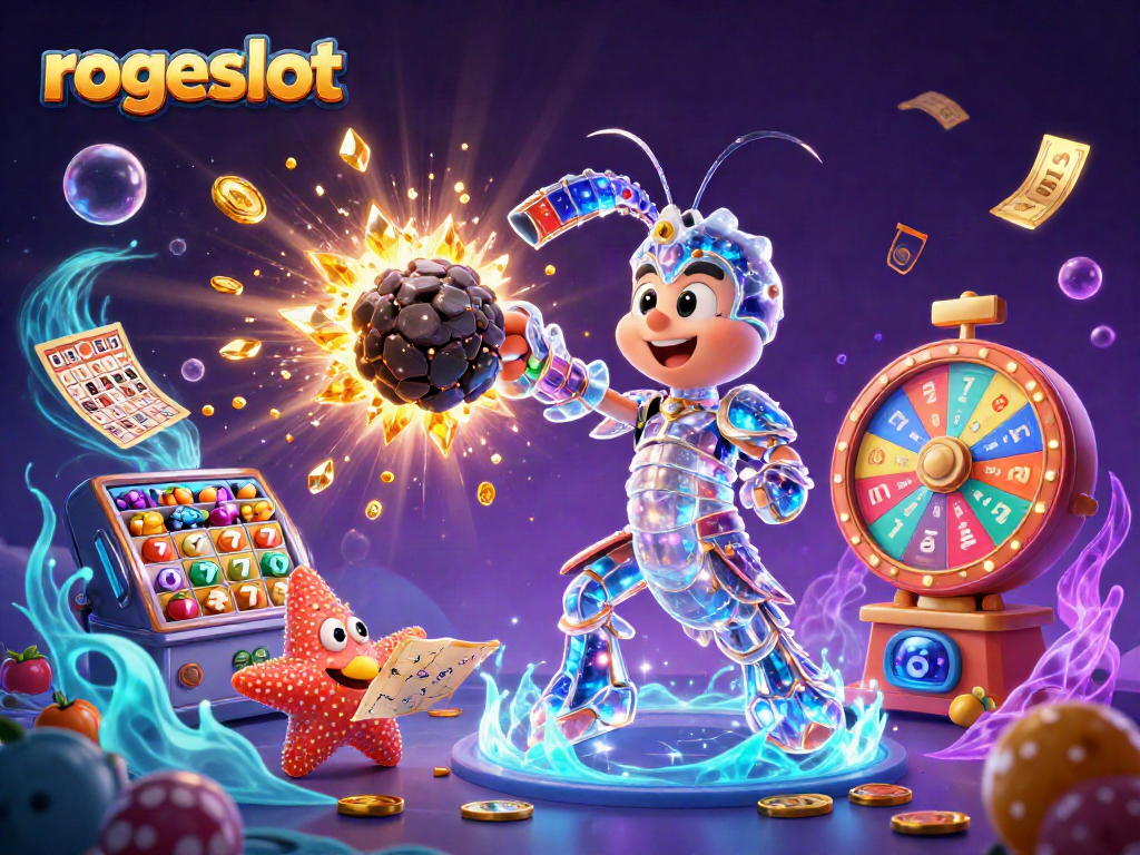 Experience thrilling action with rogueslot's vibrant digital slot cartoon featuring gems, tickets, and lively characters.