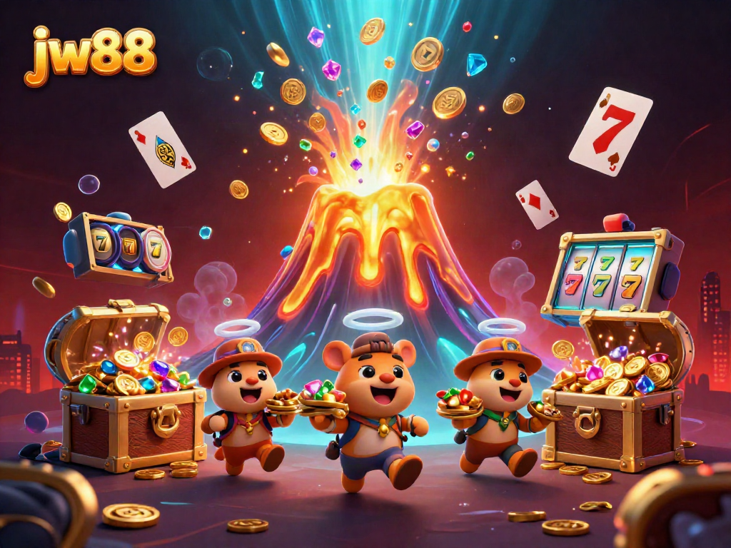 Experience thrilling wins at JW88 with a dazzling golden volcano erupting treasures in this vibrant casino scene.