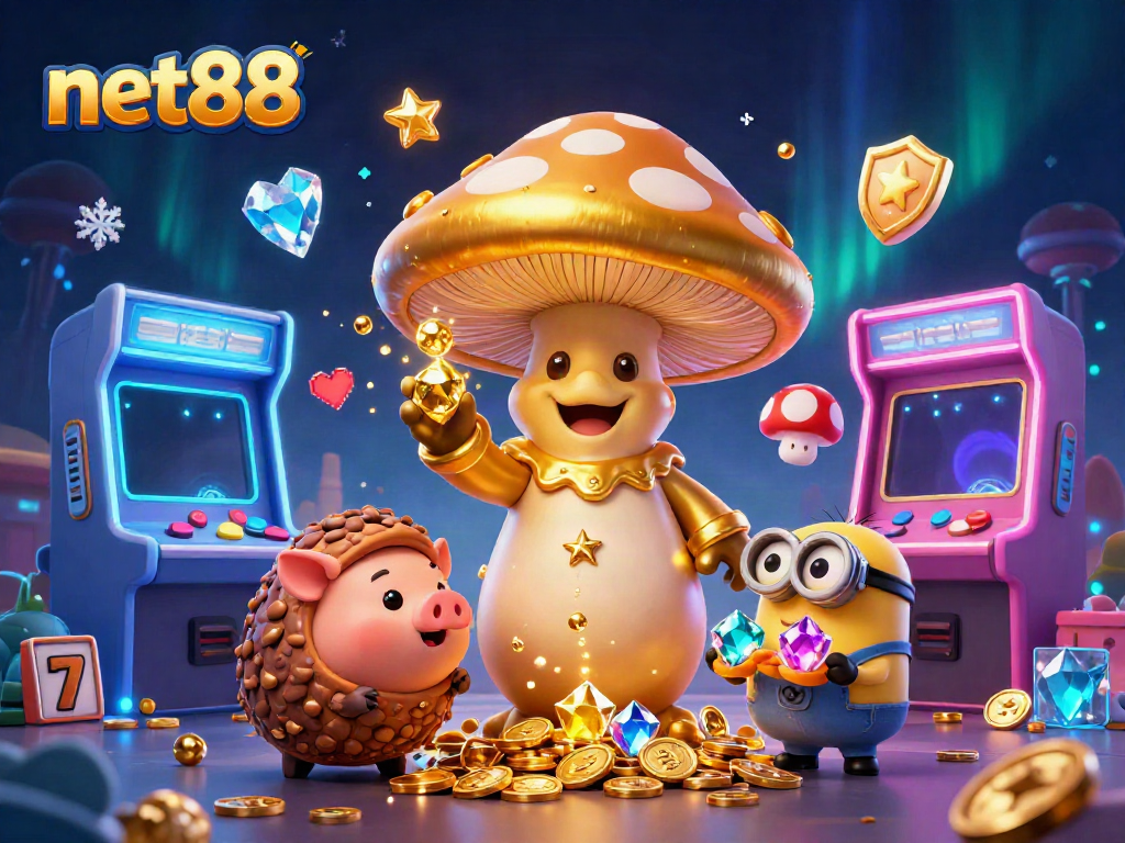 Engage with net88's exhilarating gaming experience featuring a magical scene of fun characters and slot elements.